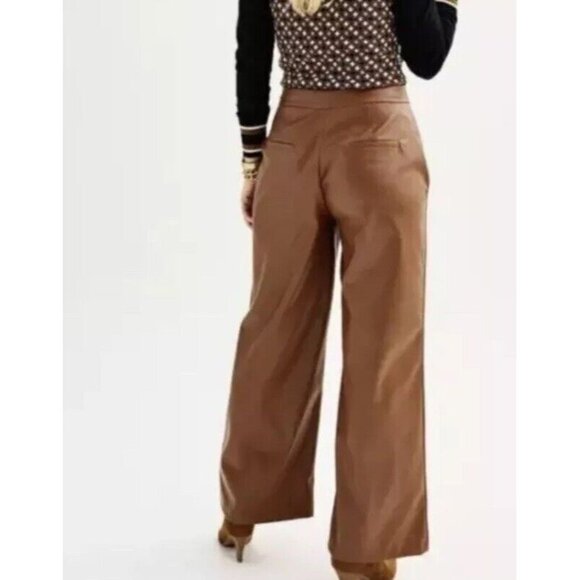 Women's 6‎ Nine West Faux Leather Trouser Brown Retro Wide Leg Pleated Pant NWT - Picture 2 of 7